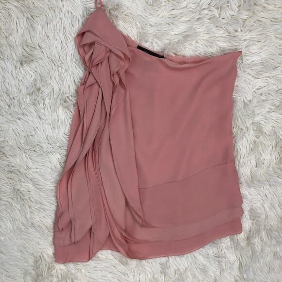 BCBGMaxAzria Blush Pink One Shoulder 100% Silk Ruffle Blouse Top XXS - Picture 5 of 11